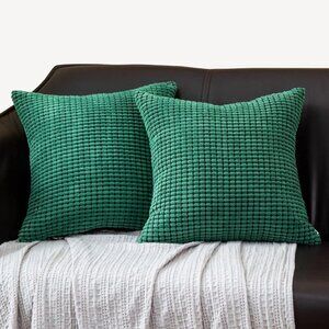 2 Emerald Green Decor Throw Pillow Covers 20x20" Square Checkered Corduroy